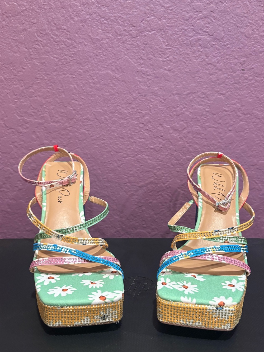 Wild Pair Green Daisy Multicolor Jeweled Strappy Heels